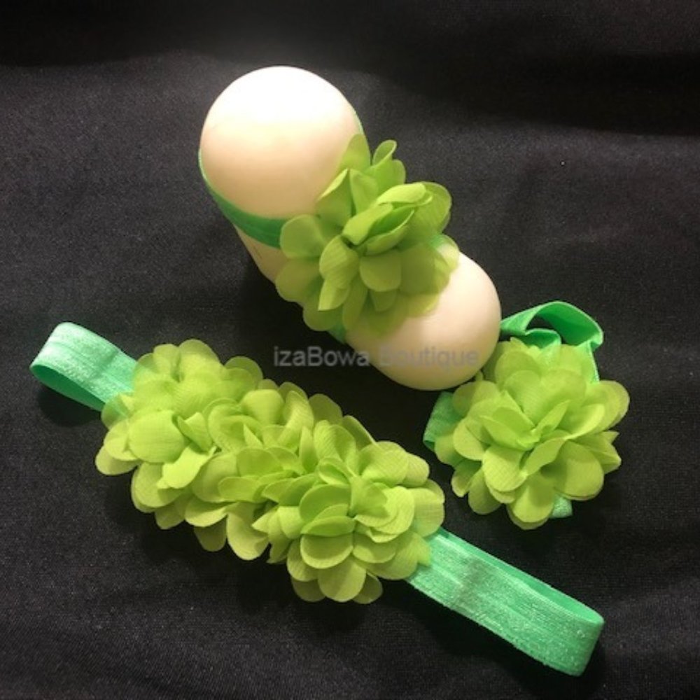 Green Mum Trio Flower Barefoot Sandal & Headband Set  HANDMADE  3SETGRN